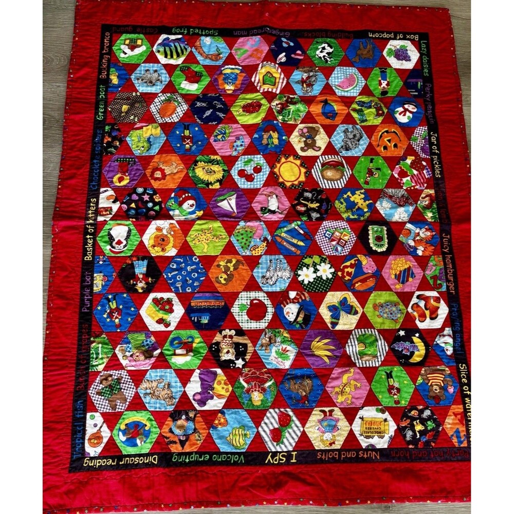 Handmade Baby Nursery Patchwork Crib Quilt Wall Hanging Stars, Food Teddy Lion